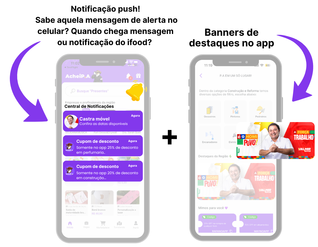 Exemplo visual de notificações e banner no aplicativo